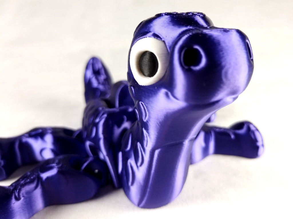 Apatosaurus Flexi Dinosaur, Dinosauro articolato Porpora seta stampa 3D a colori PLA lunghezza 17 cm.