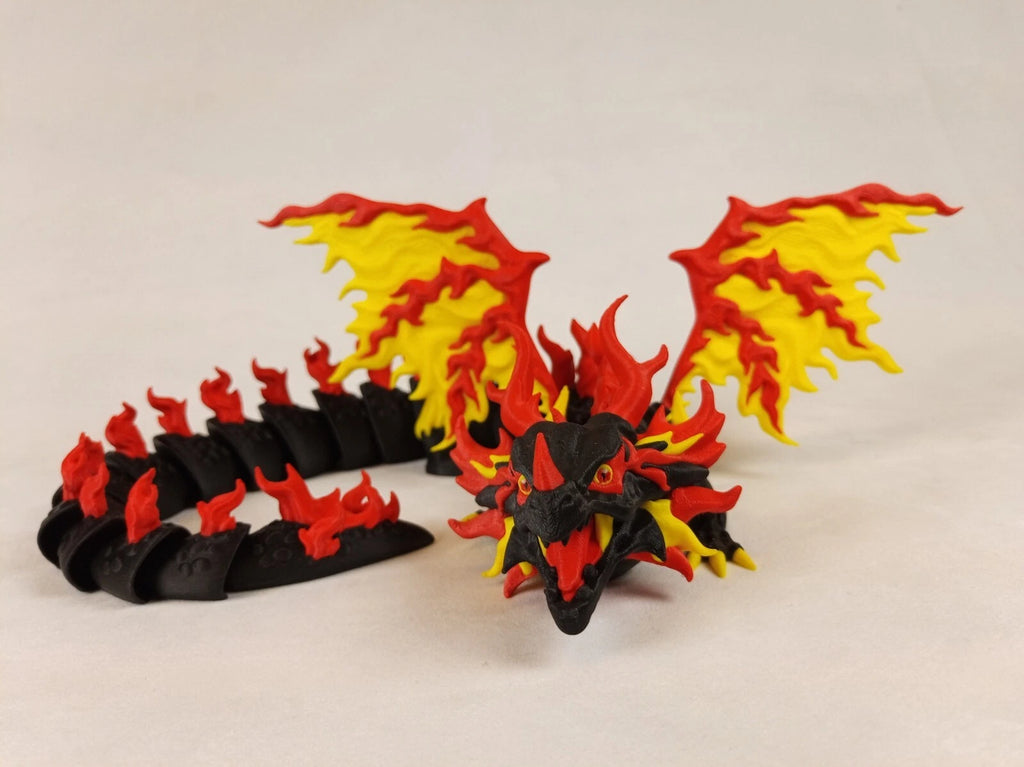 Dragonation "Scorchwing Tyrant" Drago articolato Fidget toy Stampa 3D a colori rosso giallo nero lunghezza 45 cm