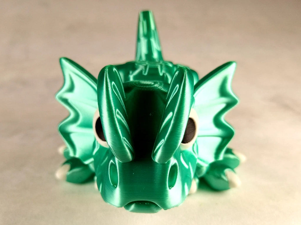 Dilophosaurus Flexi Dinosaur, Dinosauro articolato verde menta seta stampa 3D a colori PLA lunghezza 14 cm.