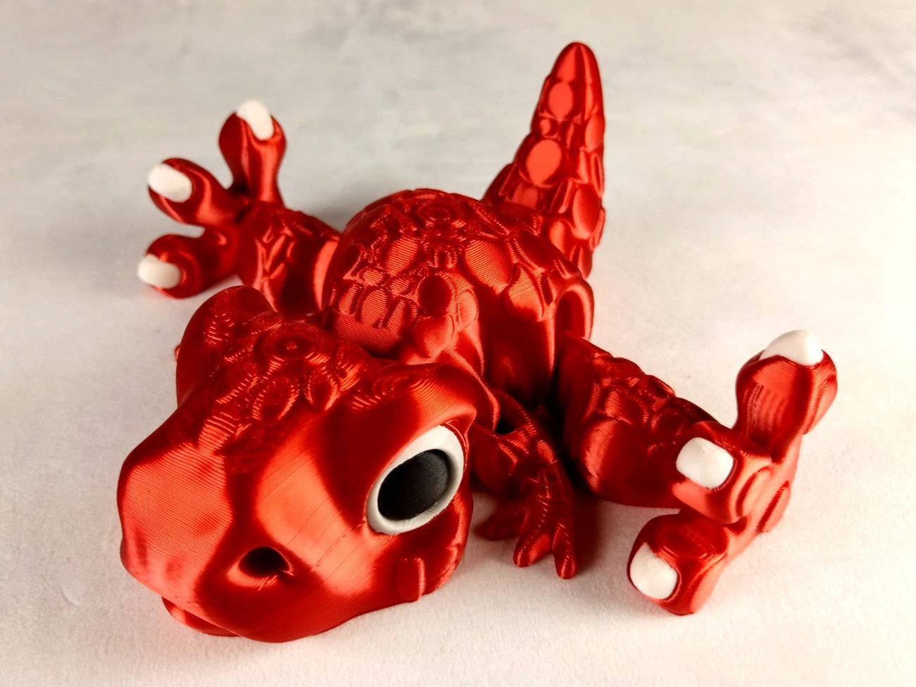 Allosaurus Flexi Dinosaur, Dinosauro articolato rosso seta stampa 3D a colori PLA lunghezza 13 cm.