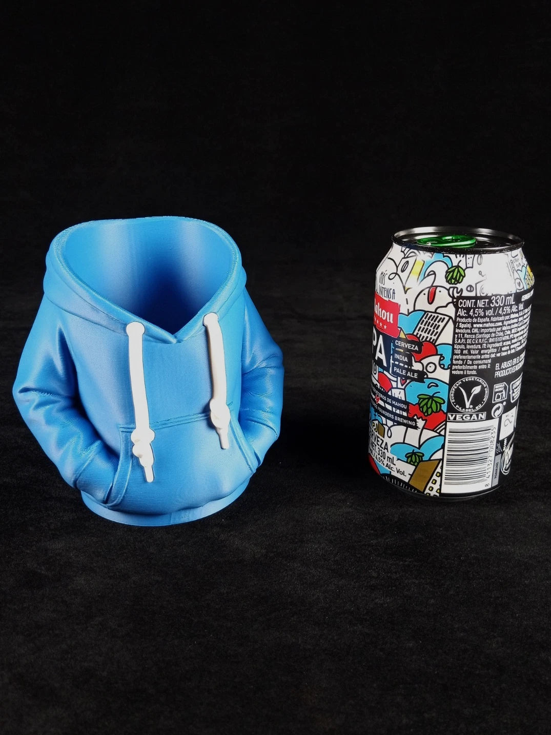 Felpa con cappuccio azzurra Porta lattine realizzato in PLA con la stampa 3D