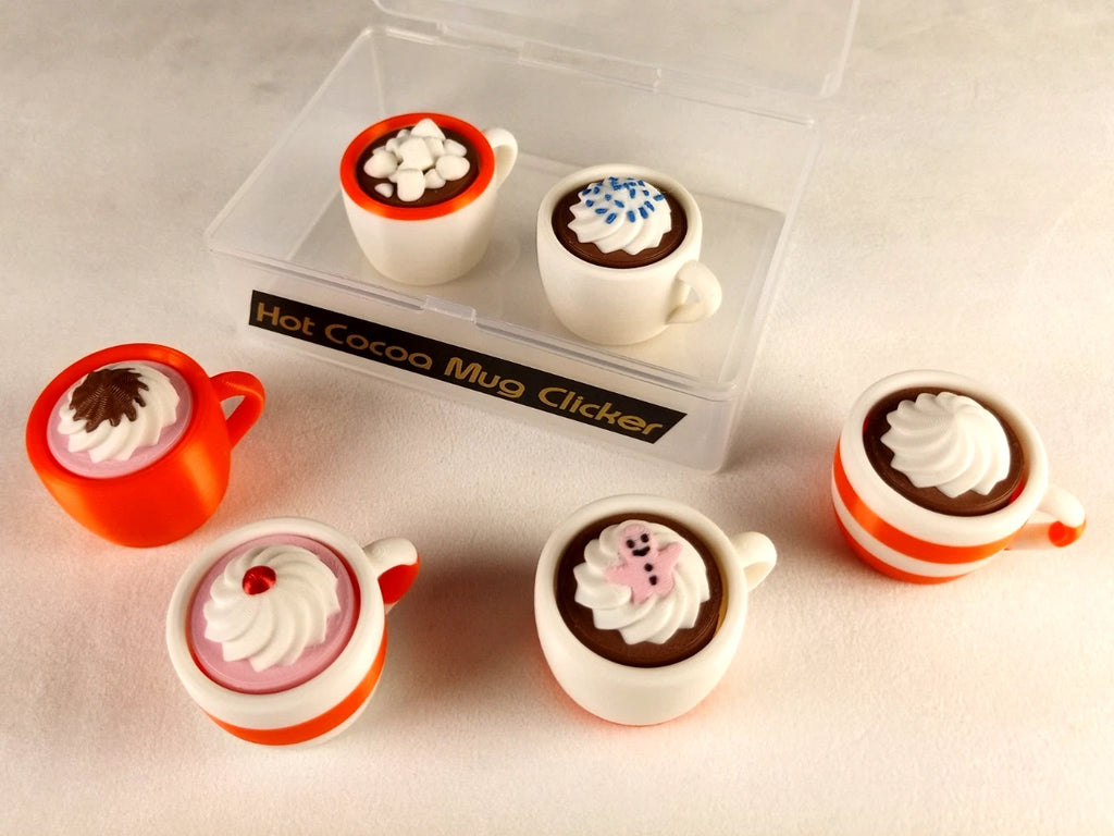 6 Hot Cocoa Mug Clicker Tazzine cliccabili antistress, bianco/arancio realizzate in stampa 3D