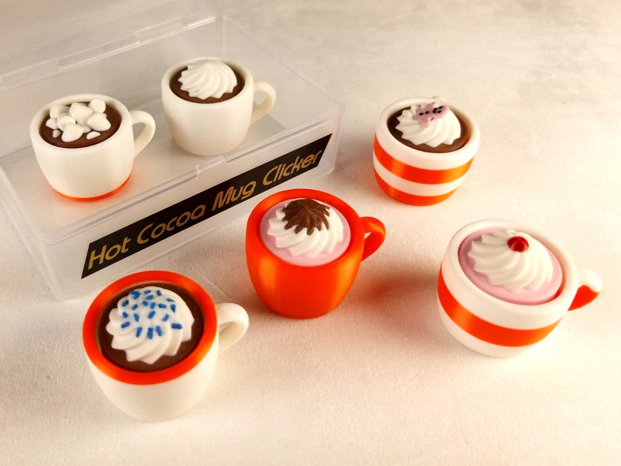 6 Hot Cocoa Mug Clicker Tazzine cliccabili antistress, bianco/arancio realizzate in stampa 3D