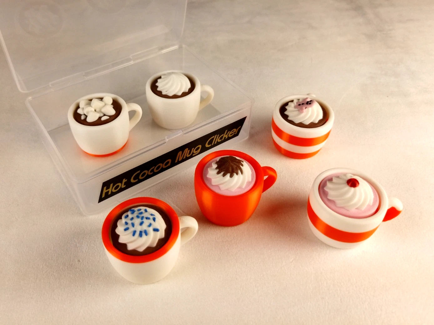 6 Hot Cocoa Mug Clicker Tazzine cliccabili antistress, bianco/arancio realizzate in stampa 3D