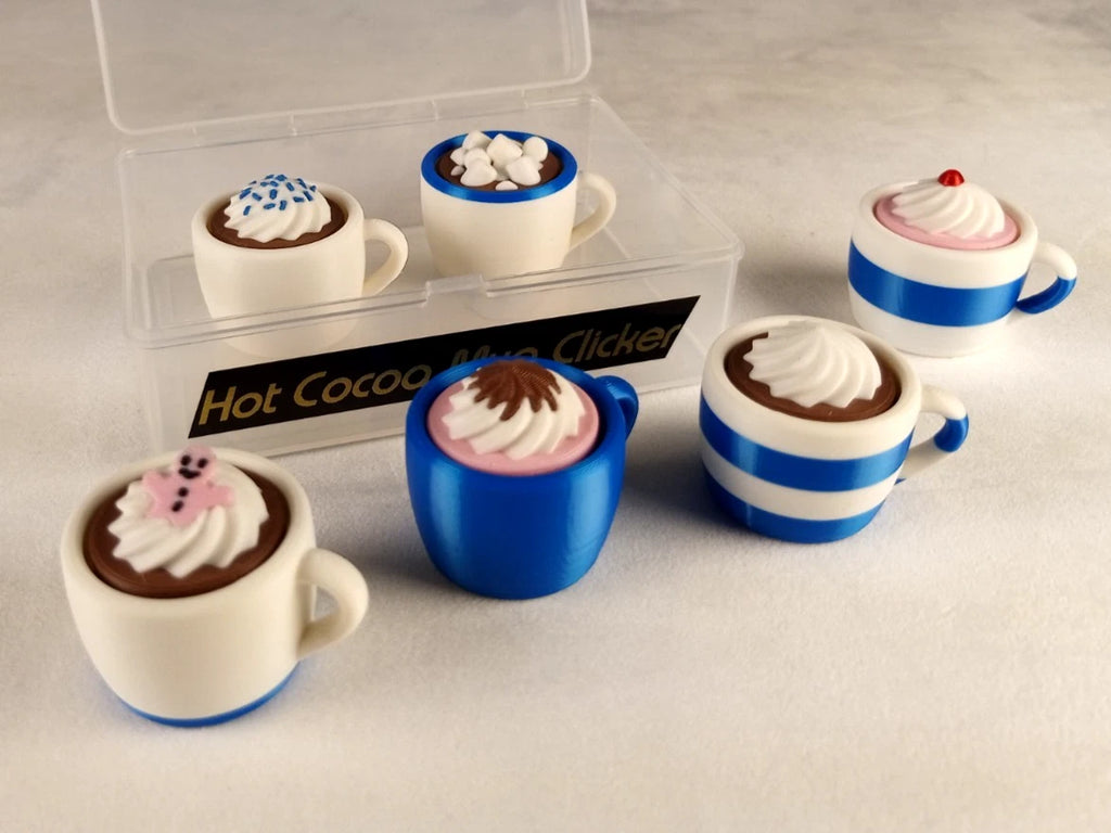 6 Hot Cocoa Mug Clicker Tazzine cliccabili antistress, bianco/blu realizzate in stampa 3D