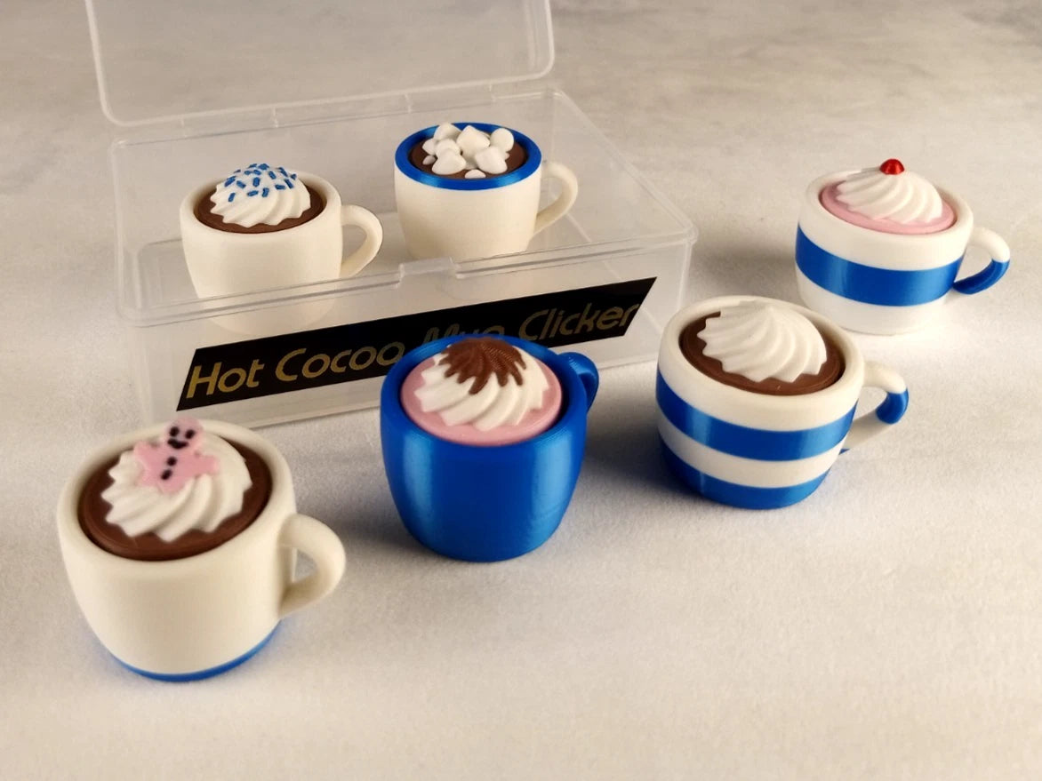6 Hot Cocoa Mug Clicker Tazzine cliccabili antistress, bianco/blu realizzate in stampa 3D