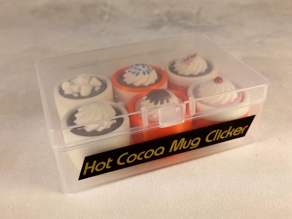 6 Hot Cocoa Mug Clicker Tazzine cliccabili antistress, bianco/arancio realizzate in stampa 3D