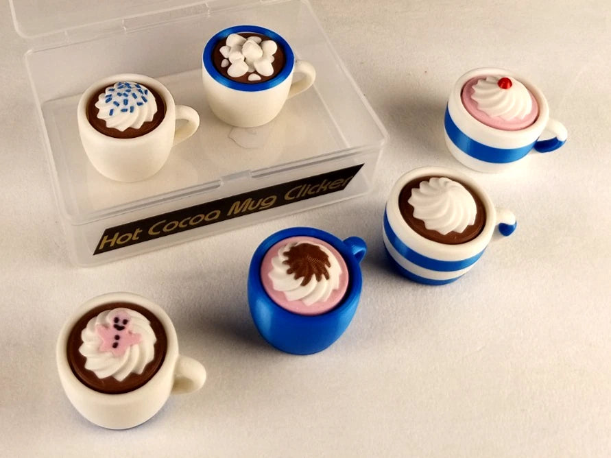 6 Hot Cocoa Mug Clicker Tazzine cliccabili antistress, bianco/blu realizzate in stampa 3D