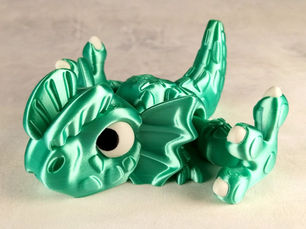 Dilophosaurus Flexi Dinosaur, Dinosauro articolato verde menta seta stampa 3D a colori PLA lunghezza 14 cm.