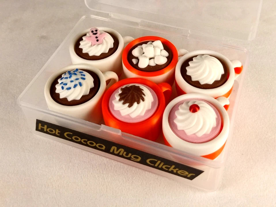 6 Hot Cocoa Mug Clicker Tazzine cliccabili antistress, bianco/arancio realizzate in stampa 3D