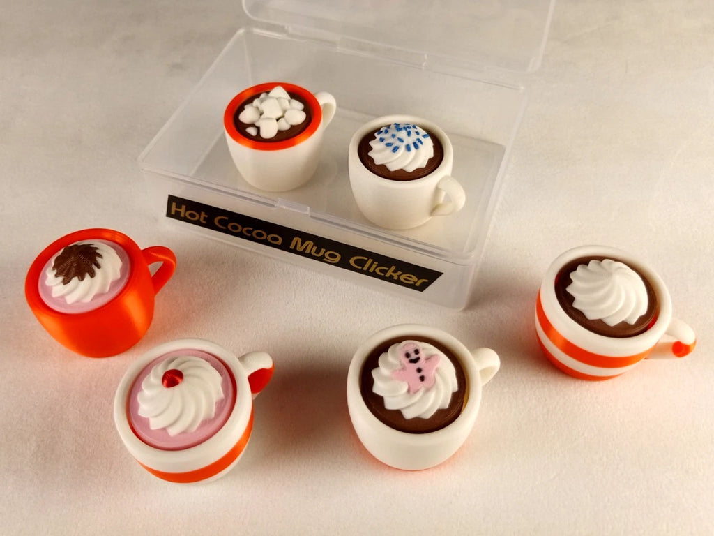 6 Hot Cocoa Mug Clicker Tazzine cliccabili antistress, bianco/arancio realizzate in stampa 3D