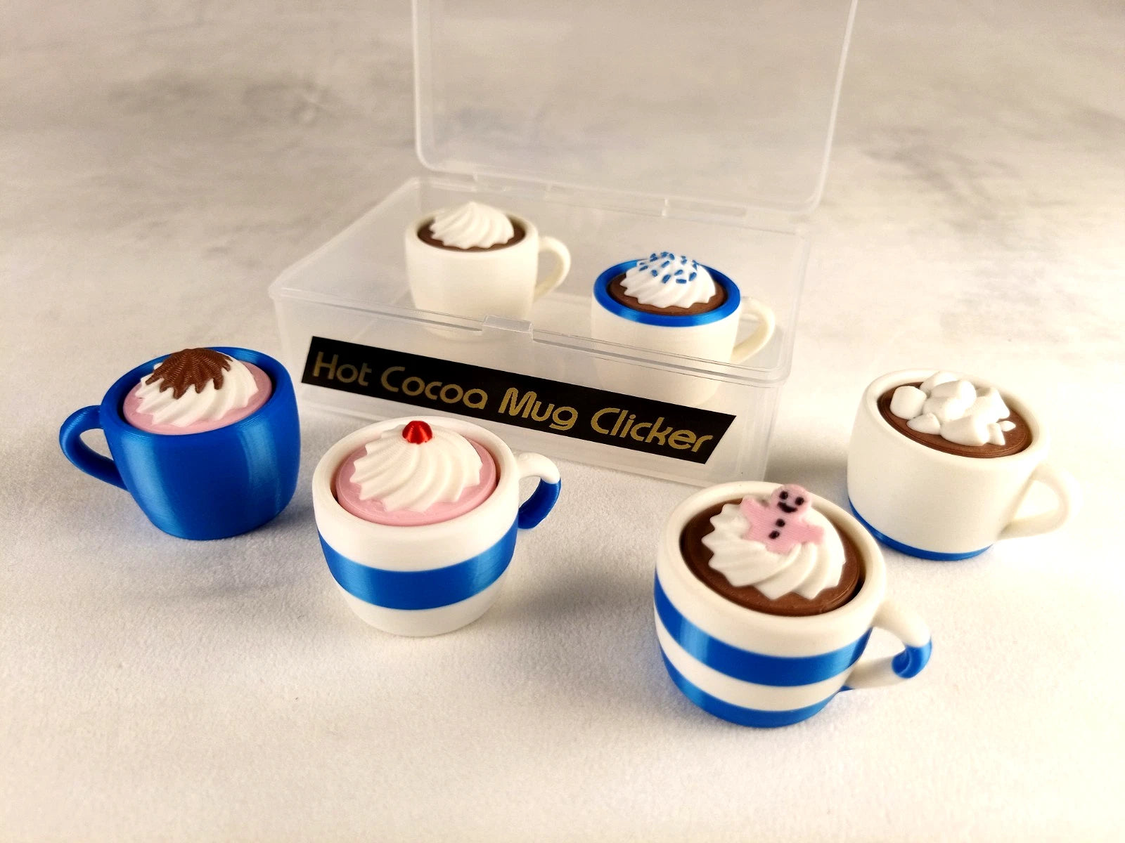 6 Hot Cocoa Mug Clicker Tazzine cliccabili antistress, bianco/blu realizzate in stampa 3D