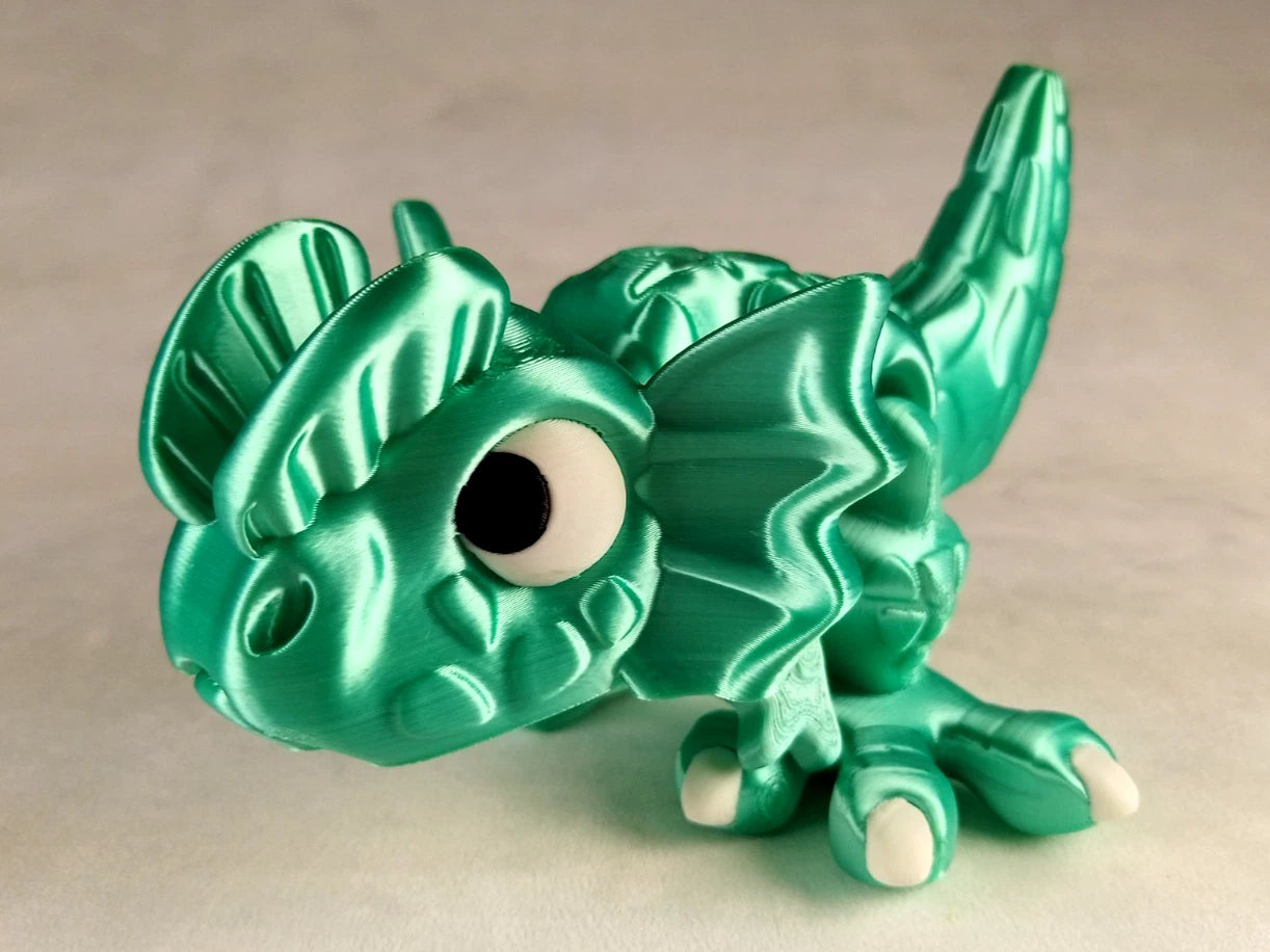 Dilophosaurus Flexi Dinosaur, Dinosauro articolato verde menta seta stampa 3D a colori PLA lunghezza 14 cm.