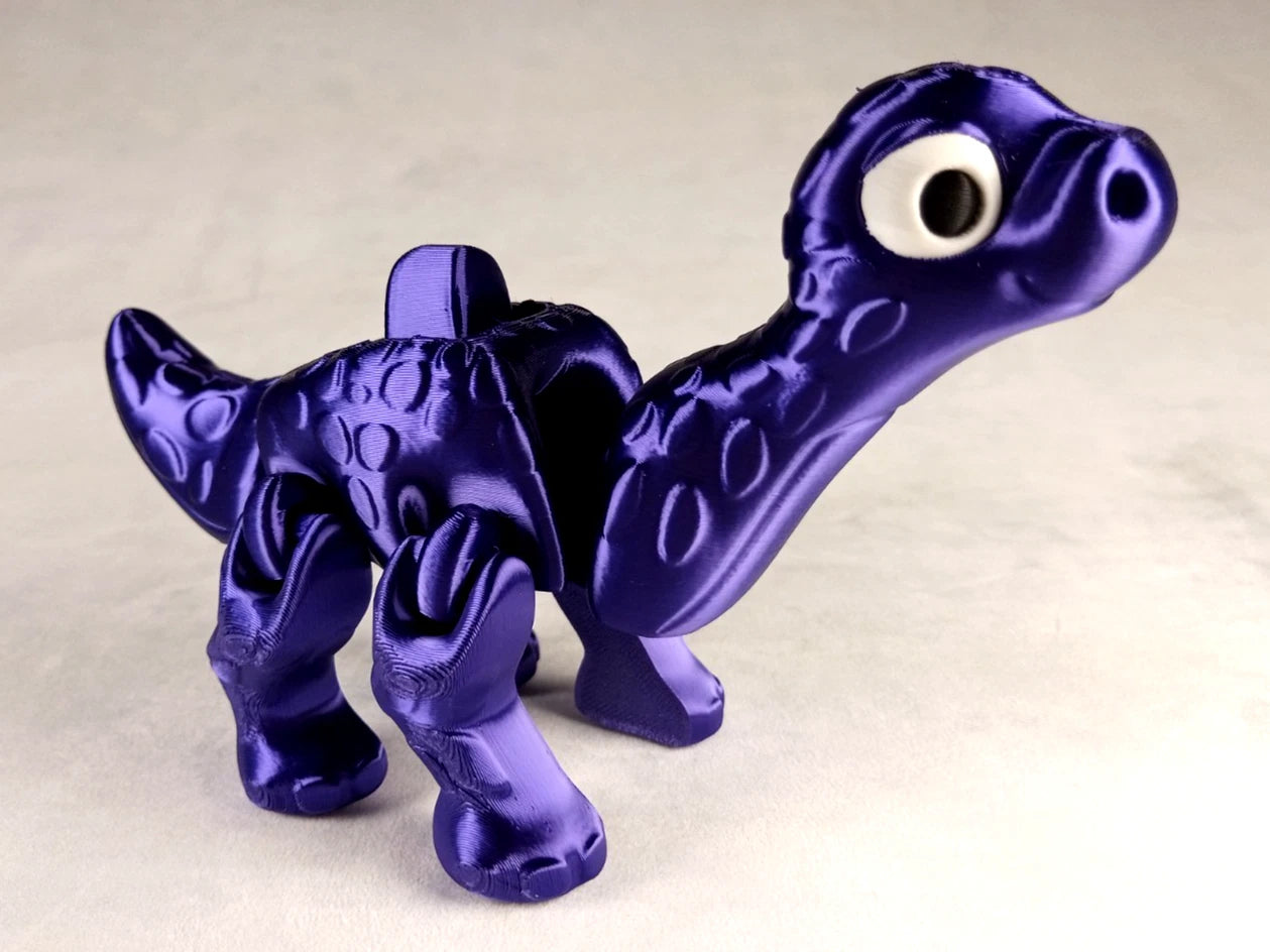 Apatosaurus Flexi Dinosaur, Dinosauro articolato Porpora seta stampa 3D a colori PLA lunghezza 17 cm.
