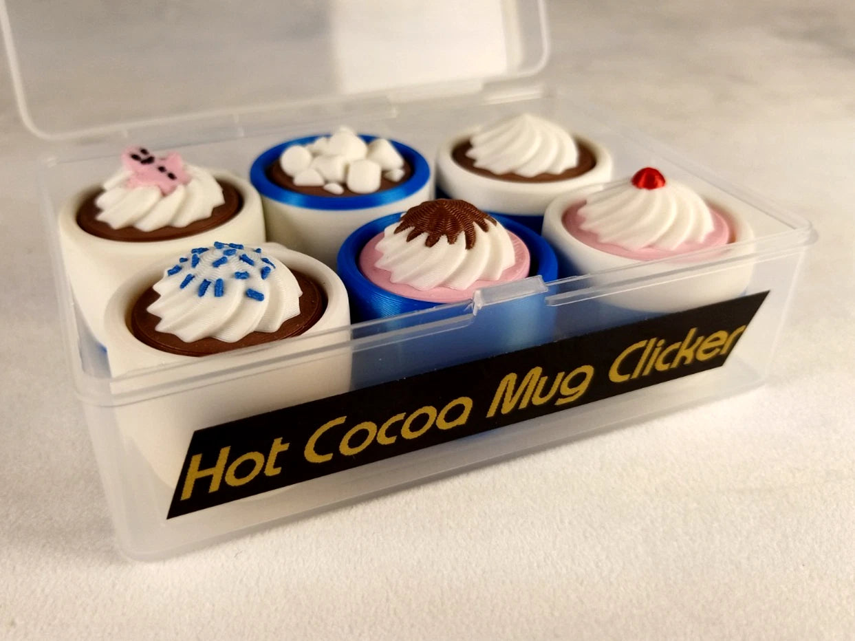 6 Hot Cocoa Mug Clicker Tazzine cliccabili antistress, bianco/blu realizzate in stampa 3D