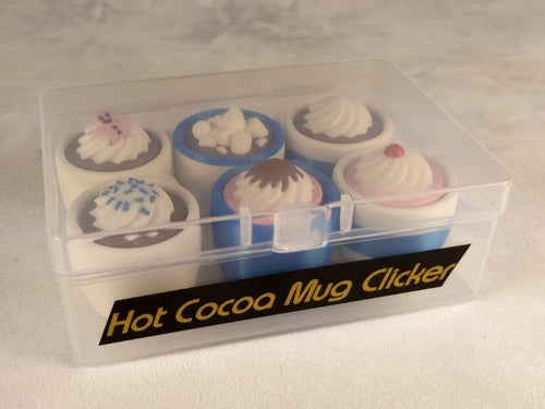 6 Hot Cocoa Mug Clicker Tazzine cliccabili antistress, bianco/blu realizzate in stampa 3D