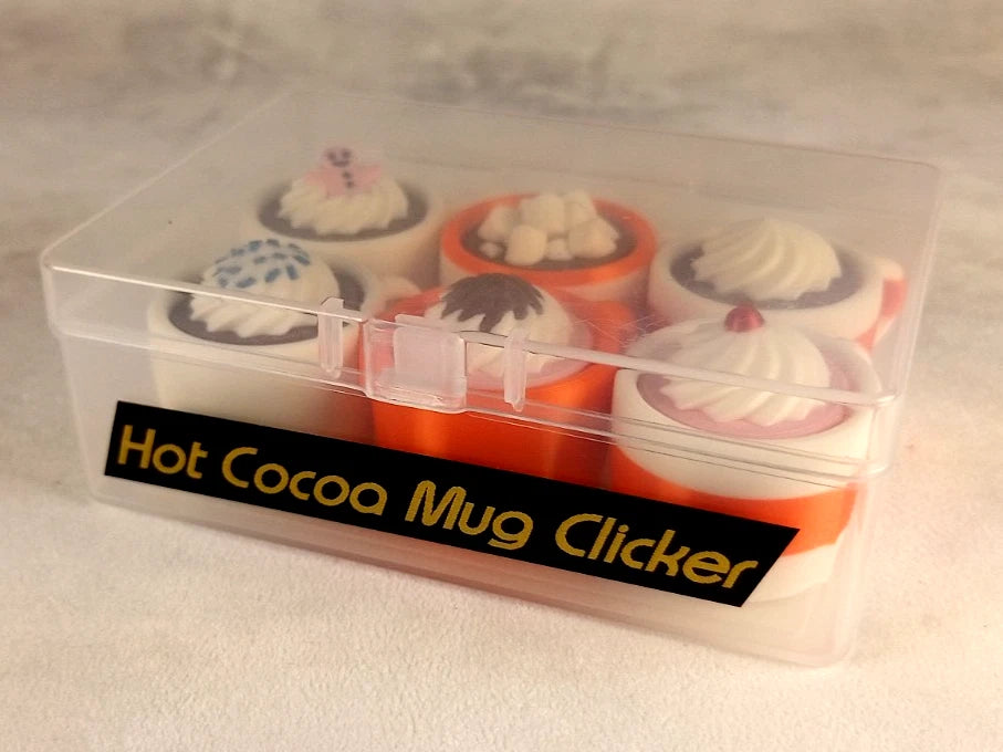 6 Hot Cocoa Mug Clicker Tazzine cliccabili antistress, bianco/arancio realizzate in stampa 3D