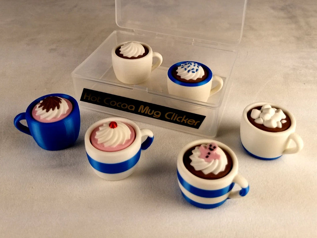 6 Hot Cocoa Mug Clicker Tazzine cliccabili antistress, bianco/blu realizzate in stampa 3D