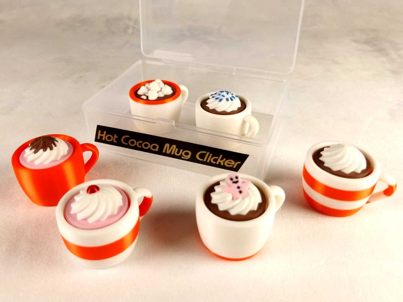6 Hot Cocoa Mug Clicker Tazzine cliccabili antistress, bianco/arancio realizzate in stampa 3D