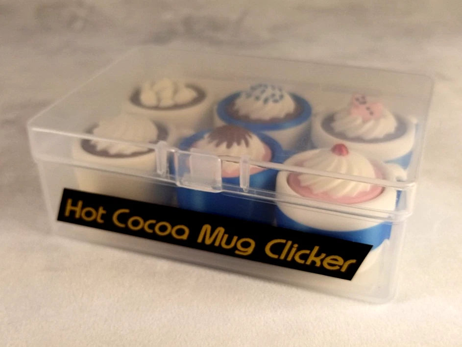 6 Hot Cocoa Mug Clicker Tazzine cliccabili antistress, bianco/blu realizzate in stampa 3D
