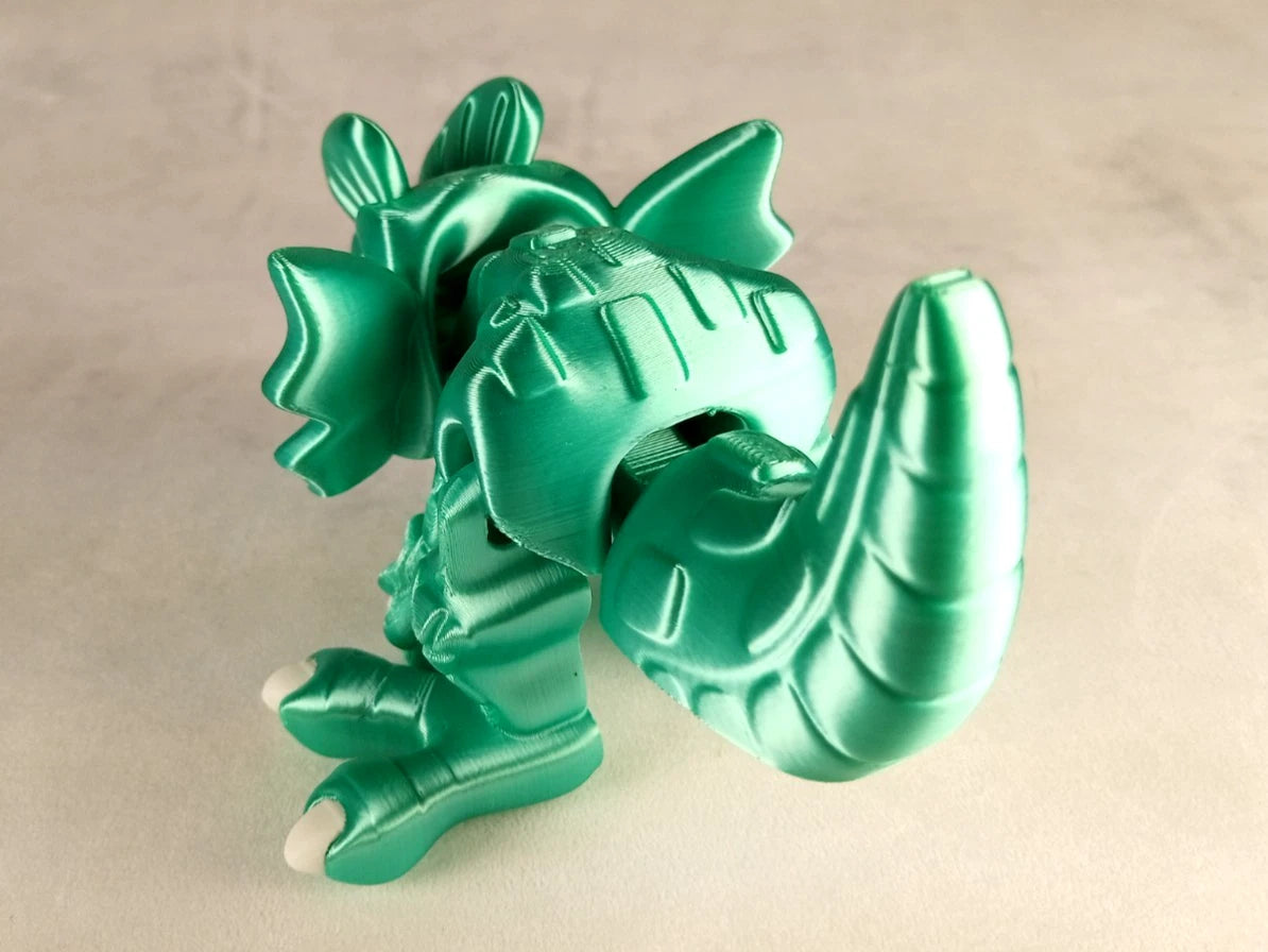 Dilophosaurus Flexi Dinosaur, Dinosauro articolato verde menta seta stampa 3D a colori PLA lunghezza 14 cm.
